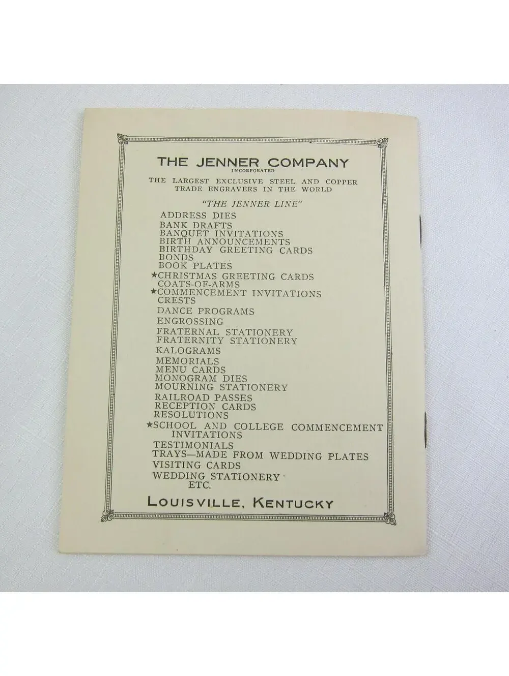 Jenner Co Steel & Copper Engraved Stationery Louisville KY Monthly Letter 1927